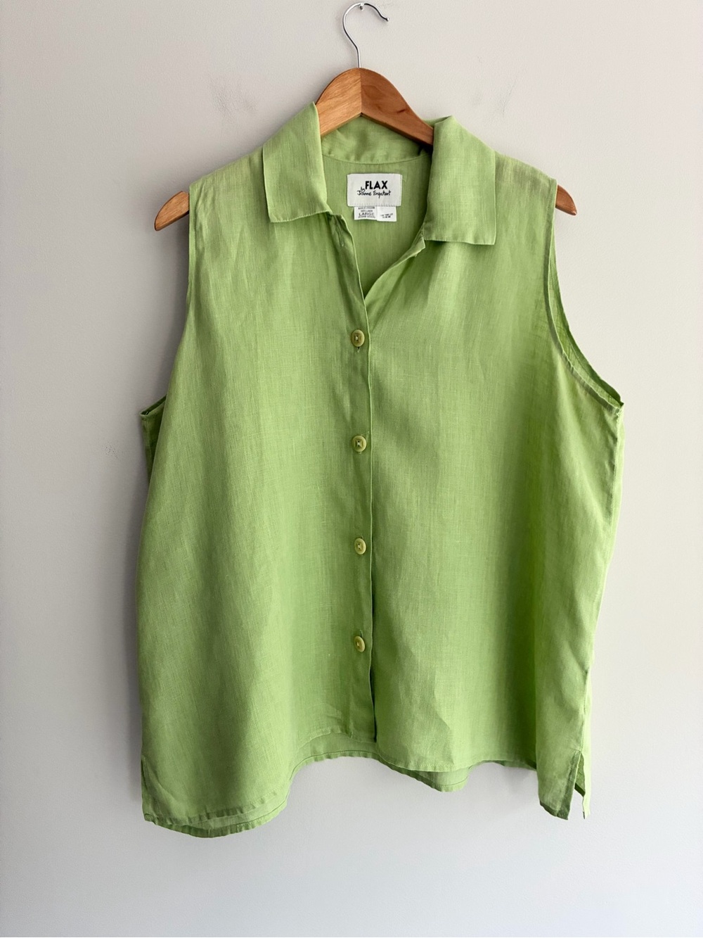 Flax by Jeanne Engelhart Sleeveless Button-Front Linen Blouse Lime Green Large